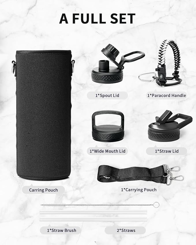 Trebo Water Bottle 40oz with Paracord Handle, Half Gallon Large Vacuum Double Wall Stainless Steel Insulated Water Jug with Holder Strap Straw Spout Lids, Leakproof Keep Cold & Hot,Black and white