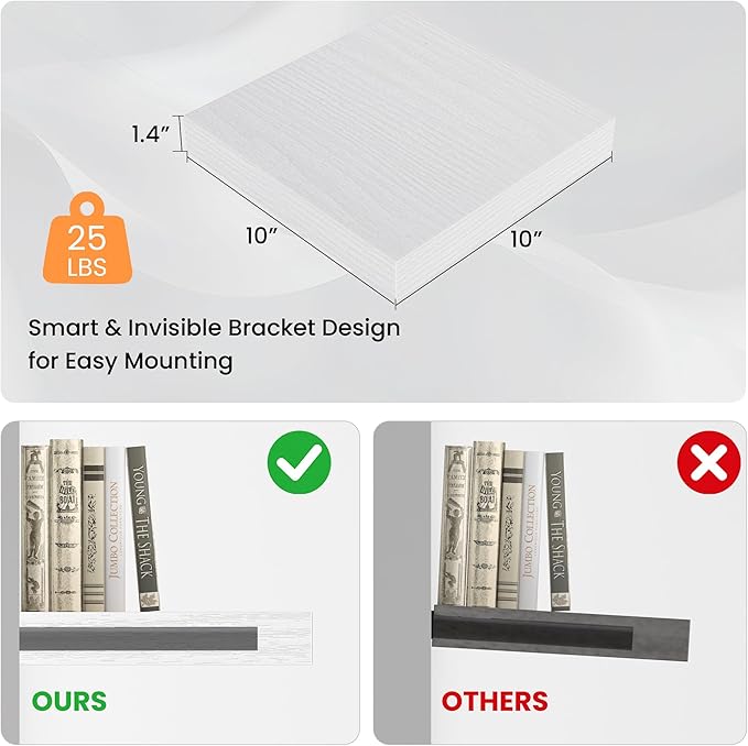 Square Floating Shelves for Wall, 10" W x 10" D x 1.4" H, Small Wooden Wall Mounted Display Shelves with Invisible Brackets for Living Room, Bedroom, Bathroom, Kitchen Decor, Set of 4, White