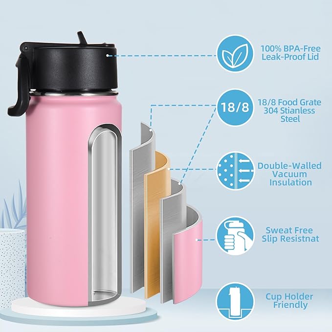 Volhoply Kids Insulated Water Bottle with Straw,16oz Stainless Steel Cold Water Bottles for School,BPA-Free Metal Wide Mouth Cups with Handle Lid,Reusable Double Wall Vacuum Sport Flask(Pink,1)
