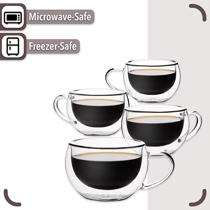 BTaT- Double Walled Glass Coffee Mugs, 9 oz, Set of 4, Glass Coffee Cups with Handle, Insulated Clear Coffee Mug for Hot and Cold Beverages, Cappuccino, Latte, Tea, Americano, Microwave Safe