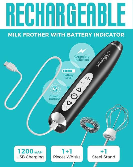 Rechargeable Milk Frother Wand with Stand for Coffee, Electric Whisk with 3 Speed Adjustable, Drink Mixer Handheld for Lattes, Cappuccino, Hot Chocolate, Egg, Dark Black