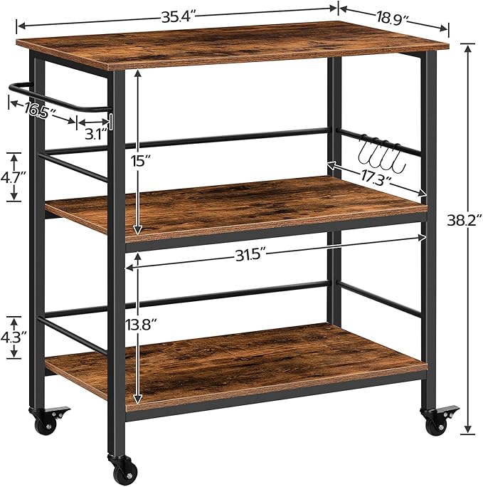 HOOBRO Kitchen Island with Storage, Industrial Kitchen Counter with Hooks and Side Enclosures, 3 Tier Kitchen Cart with Large Workstation, Saving Space, Easy Assembly, Rustic Brown and Black BF03ZD01