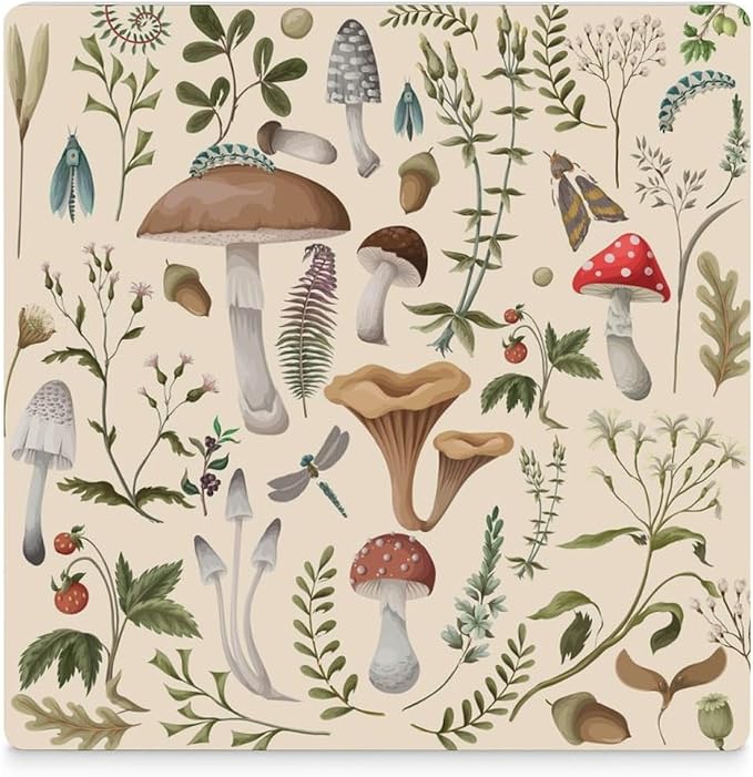 Square-6PCS Botanical Drink Coasters, Square Modern Ceramic Absorbent Coasters, Nature Cartoon Botanical Leaves Mushroom Plants Pattern Decor Desk Coffee Table Coaster for Beverage Cup Tea Coasters