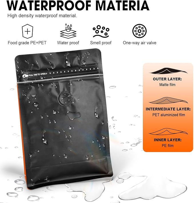 Coffee Bags with Valve(60pcs,16oz,1lb) Vented Coffee Beans Packaging Bags High Barrier Aluminumed Foil Flat Bottom Heat Sealed Side Zipper Resealable Storage Bag for Home or Business（Black+Orange）