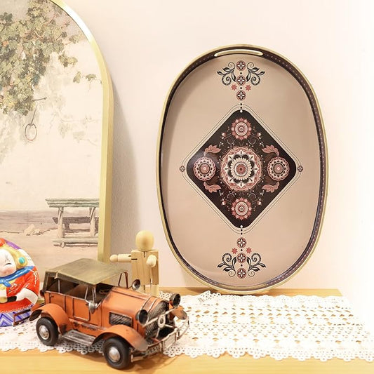 Oval Plastic Serving Tray with Handles, Elegant Decorative Tray for Coffee Table, Ottoman, Living Room, Kitchen, Outdoor Use. 10"*16"*1.4" C