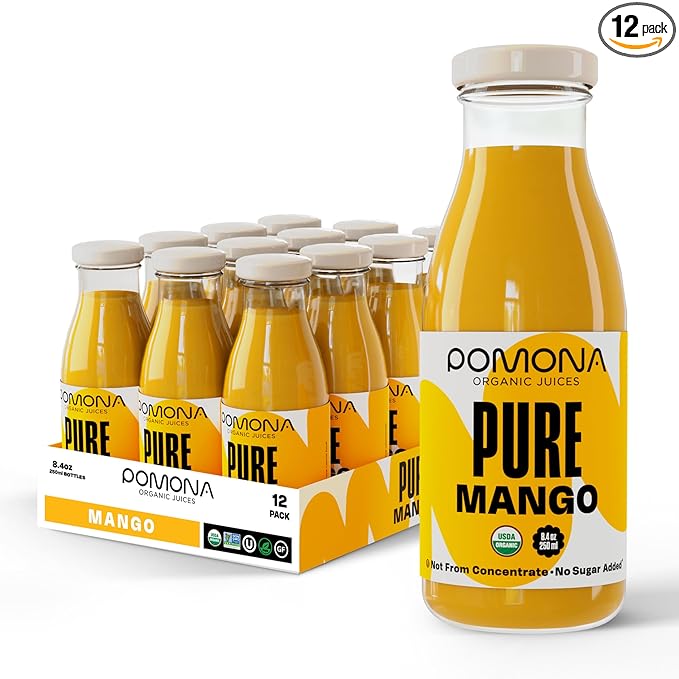 Pomona Organic Juices Pure Mango Juice, 8.4 Ounce Bottle (Pack of 12), Cold Pressed Organic Juice, Non-GMO, No Sugar Added, Not from Concentrate, Gluten Free, Kosher Certified, Preservative Free
