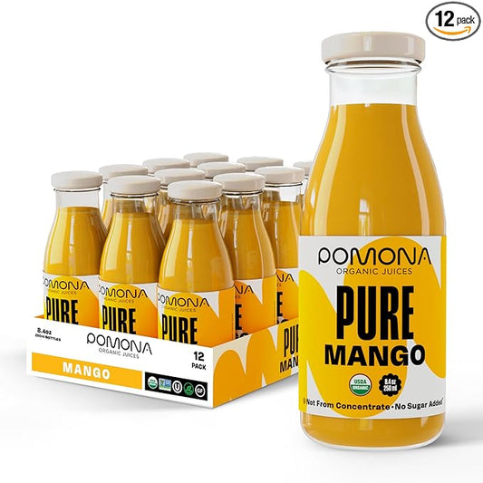 Pomona Organic Juices Pure Mango Juice, 8.4 Ounce Bottle (Pack of 12), Cold Pressed Organic Juice, Non-GMO, No Sugar Added, Not from Concentrate, Gluten Free, Kosher Certified, Preservative Free