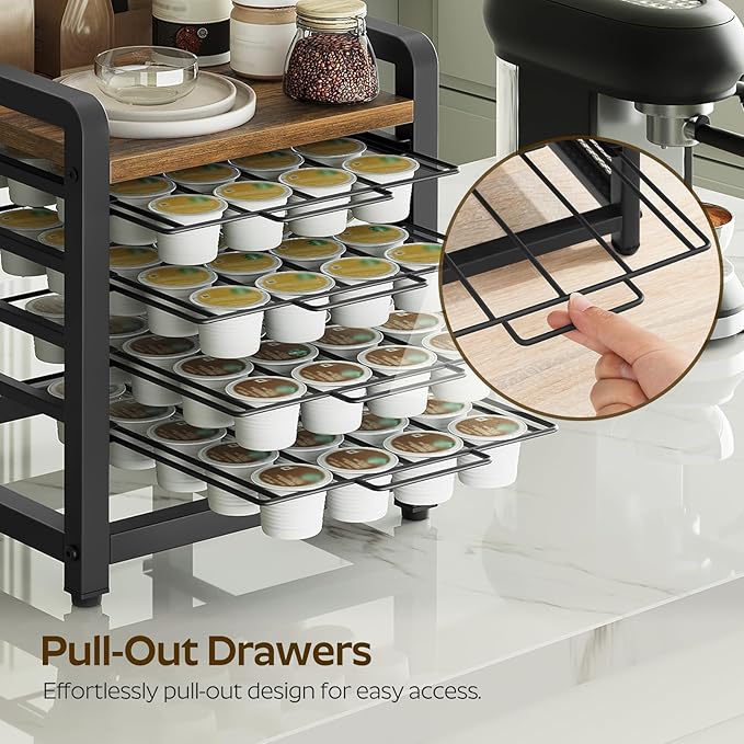 Coffee Pod Drawer Holder, 4 Tier Organizer for K Cup, 80 Pods Capacity, Spacious Storage Rack for K Cup, Space Saving, Easy Assembly, for Kitchen, Rustic Brown KH04BRY1