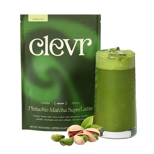 Clevr Pistachio Matcha SuperLatte, Organic Ceremonial Grade, Instant Superfood Powder Blend with Lions Mane, Reishi Mushroom, Coconut Cream, Oat Milk, Ashwagandha, Serve Hot or Iced (14 Lattes)