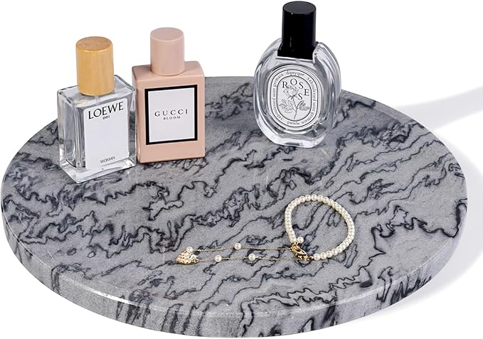 Natural Marble Tray, 11.8in Serving Tray for Fruit, Round Decorative Vanity Dish for Jewelry&Key, Quality Storage Plate for Kitchen Coffee Table and Bathroom Desktop, Monte Grigio