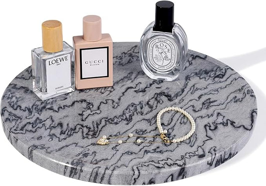 Natural Marble Tray, 11.8in Serving Tray for Fruit, Round Decorative Vanity Dish for Jewelry&Key, Quality Storage Plate for Kitchen Coffee Table and Bathroom Desktop, Monte Grigio