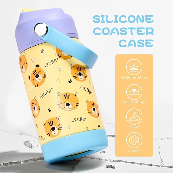 Kids Insulated Water Bottle with Straw Lid, 12 oz BPA-FREE Double Wall Vacuum Tumbler 18/8 Stainless Steel Leak Proof Kids Cups with Straw for School Travel Boys Girls (Tiger)