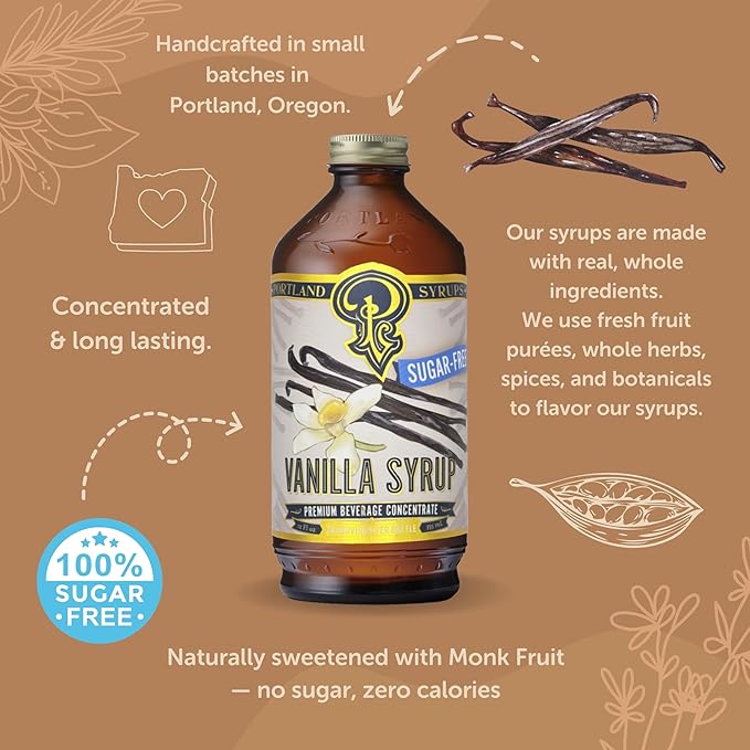 Portland Syrups Sugar-Free Vanilla Syrup - Smooth Creamy Classic Vanilla for Lattes, Cold Brew, Iced Tea, Smoothies, Desserts, No Artificial Aftertaste, 12 oz Bottle, 24 Servings Pack