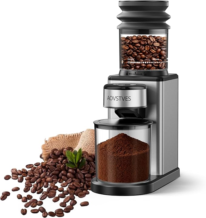 AOVSTVES Conical Burr Coffee Grinder for Home,25 Precise Grind Settings,60-Second Timer,Easy to Clean Stainless Steel Burrs,Anti-Static & Anti-Slip Base