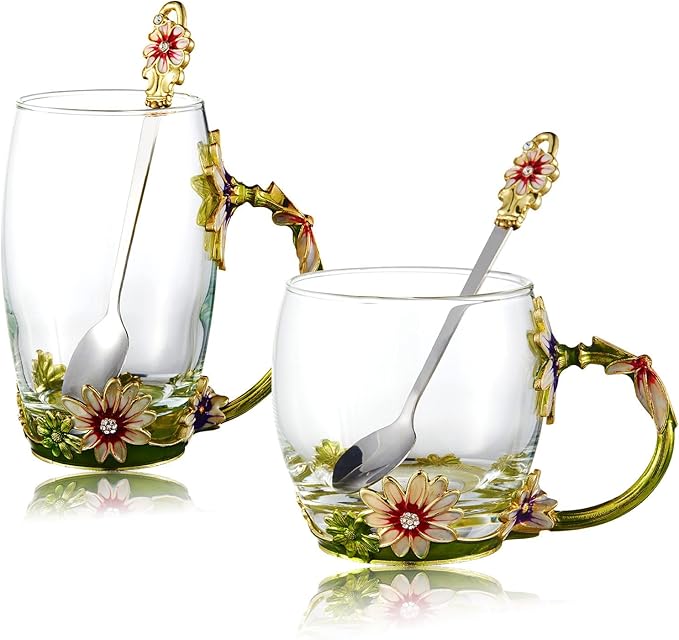 Glass Fancy Tea Cup Set Birthday Christmas Valentine's Day Gift Idea for Tea Lover and Women Novelty Coffee Mugs Rose Flower Enamel Glass Mug with Spoon Set