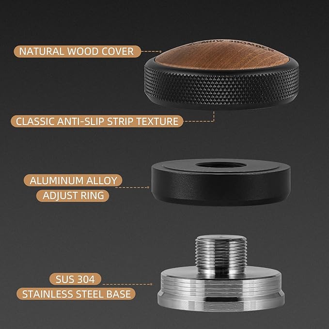 MHW-3BOMBER Espresso Coffee Distributor 58.35mm, Espresso Distribution Tool with Wooden Lid, Adjustable Height Coffee Leveler with Non-slip for 58mm Portafilters, Espresso Accessories T5270L4