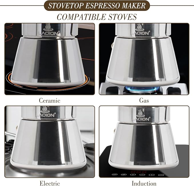LAOION 9-Cup Moka Pot - Crystal Glass Top, Stainless Steel, Induction Compatible, 360ml