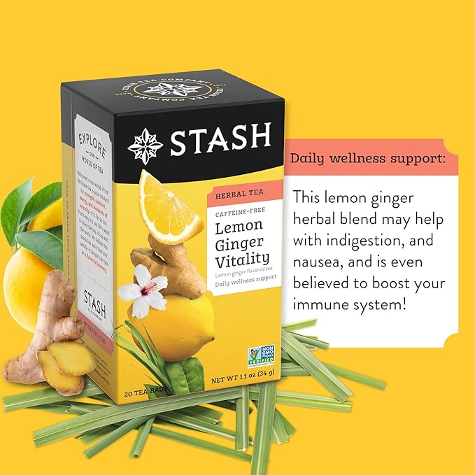 Stash Tea Lemon Ginger Vitality Herbal Tea - Naturally Caffeine Free, Non-GMO Project Verified Premium Tea with No Artificial Ingredients, 20 Count (Pack of 6) - 120 Bags Total
