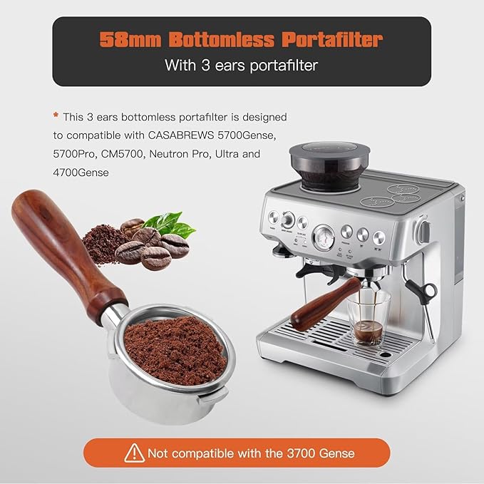 Upgraded 58mm Bottomless Portafilter with 3 Ears, Espresso Portafilter with Filter Basket and Puck Screen, Fit for CAS-ABREWS 5700 Series, for Café Bellissimo Semi Automatic