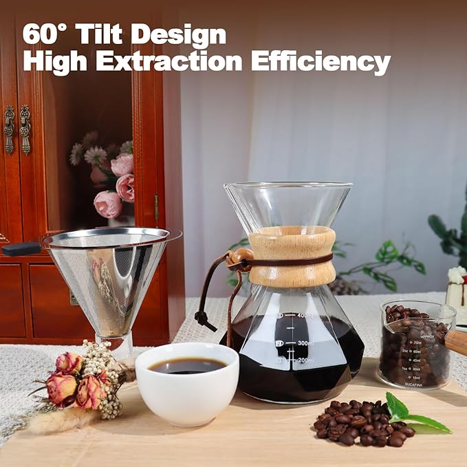 Pour Over Coffee Maker 400ml 13.5oz Glass Drip Coffee Maker with 304 Stainless Steel Filter High Borosilicate Glass Duckbill Spout Solid Wood Handle Pour Over Coffee Dripper for Daily Brewing