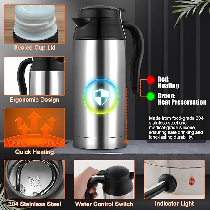 Car Electric Heating Cup 750ml Portable Stainless Steel Travel Mug, Insulated Water Cup, High Efficiency, Double Wall Vacuum Cup Body, High Grade Silicone Sealing Gasket (12V)