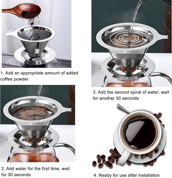 Stainless Steel Pour Over Coffee Dripper, Paperless Reusable Metal Cone Coffee Filter for 1-4 Cups, Coffee Maker Filter for Single Cup Brew with Non-slip Stand and Ultra Fine Micro Mesh Design Filter