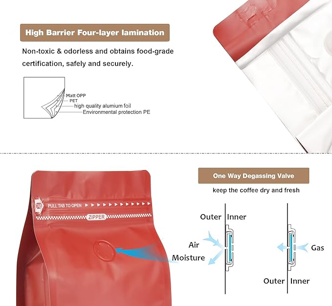 100 Count 8oz Red Coffee Bags with Aluminum Foil Liner, High Barrier Coffee Pouches with Degassing Valve, Ziplock Food Storage Bags with Pull Tape, Pack of 100, 6oz/0.5lb/250gram