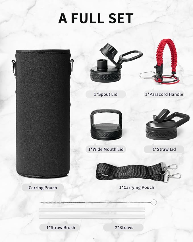 Trebo Water Bottle 40oz with Paracord Handle, Half Gallon Large Vacuum Double Wall Stainless Steel Insulated Water Jug with Holder Strap Straw Spout Lids, Leakproof Keep Cold & Hot, Red