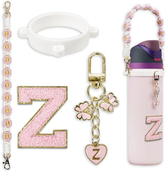 Compatible with Owala Water Bottle Accessories, Cute Letter Charm Set with Boho Handle Strap, Monogram Sticker, Silicone Ring, Keychain Decoration, for FreeSip 24 32 40oz, Owala Kids, Tumbler Gift