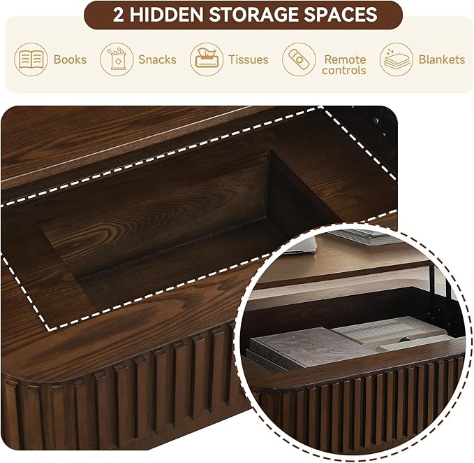 SZTHHDF Lift Top Coffee Table for Living Room,Rectangle Handmade Solid Wood Strips, Fluted Coffee Table with Hidden Storage Compartment Small Space Office Apartment (38.6" L×26.8''W×13.8''H-Walnut)
