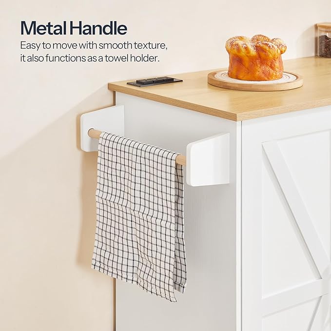 HOOBRO Kitchen Island with Power Outlet, Rolling Kitchen Island on Wheels, Island Table with 3 Large Drawers, Storage Cabinet, Spice Rack and Adjustable Shelf, White and Natural WN15UZD01