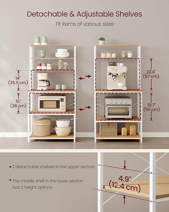 VASAGLE Coffee Bar, 31.5 Inches Baker's Rack for Kitchen with Storage, 6-Tier Kitchen Shelves with 6 Hooks, Microwave Stand, Modern, Golden Oak and Cloud White UKKS019W09