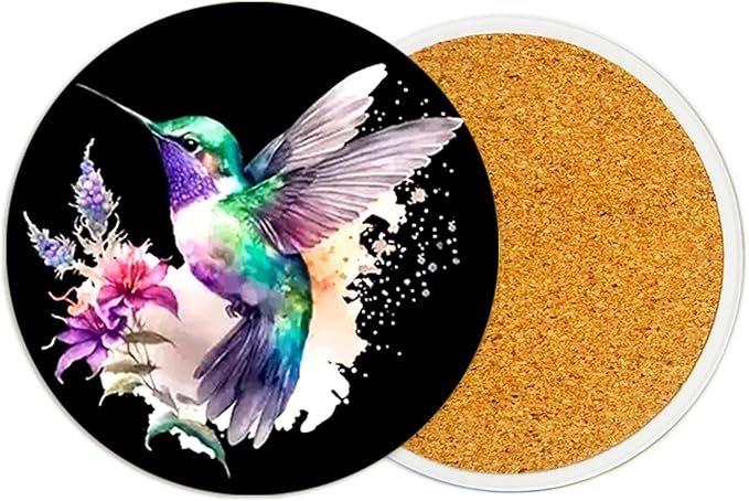 2Pack Hummingbird Ceramic Coasters Absorbent Coasters for Drinks with Cork Base,Coaster for Table Office Desk Decor Coffee Cup Wine Beer Bar Cup Mat 3.9 Inch,Hummingbird Gifts for Women,Men,Dad
