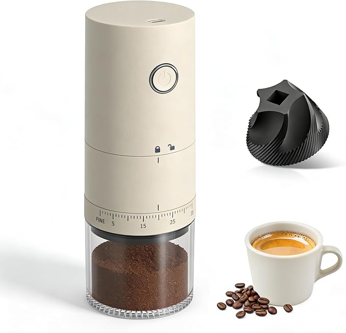 LAMIDO Portable Electric Burr Coffee Grinder - Grind While Charging - 38 External Adjustable Grind Settings - 1.8X Faster Grinding - 2000 mAh Rechargeable Battery for Travel, Camping - Light Beige
