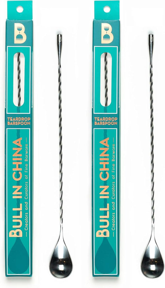 Teardrop Barspoon by Bull In China - 12" / 30cm Silver Weighted Cocktail Stirring Spoon With Spiral Pattern for Bars & Bartenders