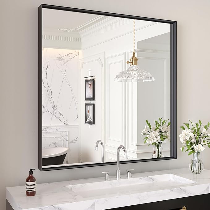 LOAAO Black Bathroom Mirror 30"X30" for Wall, Rectangle Bathroom Vanity Mirror, Tempered Glass, Hangs Vertically or Horizontally, Easy to Install, Modern Design