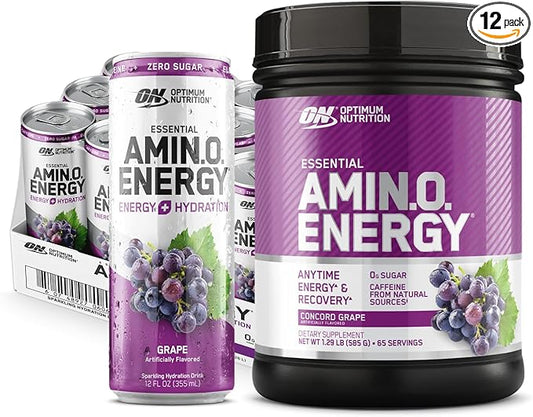 Optimum Nutrition Amino Energy Powder, Concord Grape, 20.6 Ounce, 65 Servings with Essential Amino Energy Plus Electrolyes Sparkling Drink, Grape, 12 Count - Bundle Pack