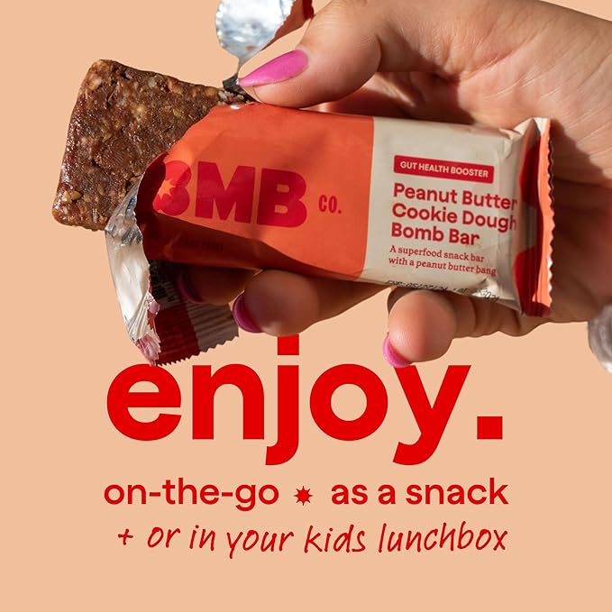The Bomb Co. Blender Bomb Bar, Peanut Butter Cookie Dough, Superfood Snack Bar for Gut Health, Peanut Butter, Hemp Seeds, Chia Seeds, Flax Seeds, Sea Salt, Aloe Vera, Vegan Chocolate Chips, 9 Bars