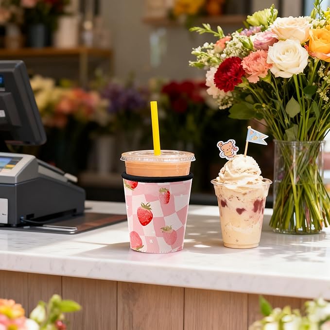 Cute Pink Insulated Coffee Sleeve for Women & Gifts Strawberry Checkered Iced Coffee Sleeve Set of 3 Fits 16oz 24oz 30oz Cups