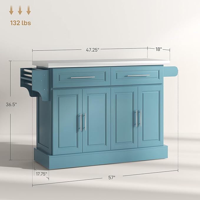 HOMCOM Rolling Kitchen Island Cart with 47" Stainless Steel Top, Portable Island Table for Kitchen with Wheels, Adjustable Shelves, 2 Drawers, Spice, Knife and Towel Rack, Teal Blue