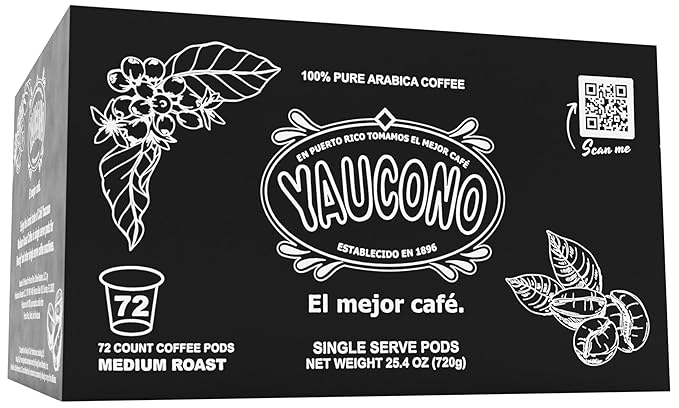 Yaucono Ground Medium Roast Arabica Coffee Single-Serve Pods, 72 Count, Compatible with Keurig K Cup Brewers
