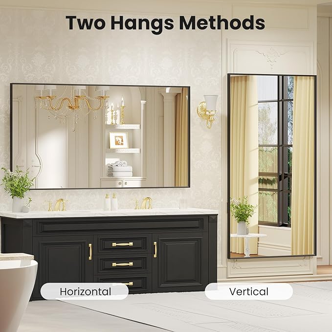 LOAAO Black Bathroom Mirror 55"X30" for Wall, Rectangle Bathroom Vanity Mirror, Tempered Glass, Hangs Vertically or Horizontally, Easy to Install, Modern Design