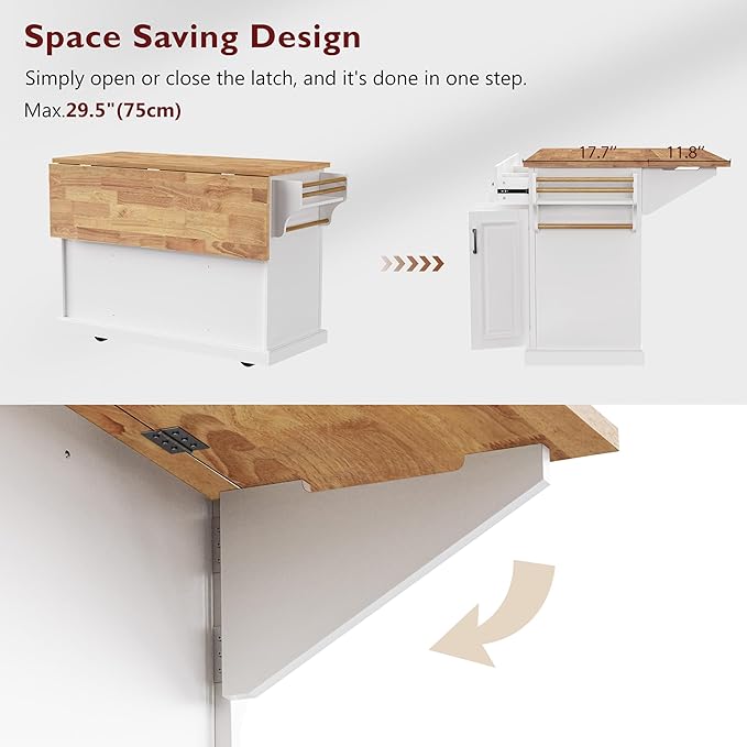 Yayzy Rolling Kitchen Island with Drop Leaf, 3 Drawers & 4 Cabinet Doors, 54” Mobile Kitchen Cart with Rubberwood Top, Side Storage Racks & Locking Wheels for Dining Room & Kitchen, White