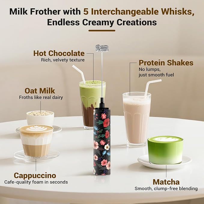 Milk Frother Handheld Rechargeable - 2-Speed Electric Whisk with 5 Detachable Heads (Frother/Mixer/Whisk) for Coffee, Latte, Cappuccino & Matcha, Drink Mixer (Flower 2)