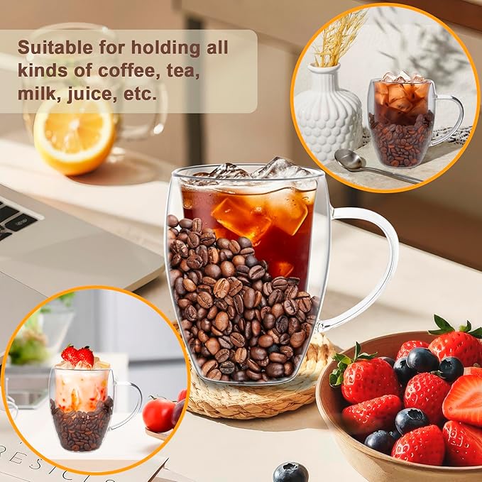 Glass Coffee Cup Mug - 16 Oz, Insulated Double Walled Coffee Cup with Beans, Large Clear Cute Iced Espresso Cappuccino Latte Tea Cup with Handle, Heat Resistant For Hot Drinks Beverage Liquor Shots