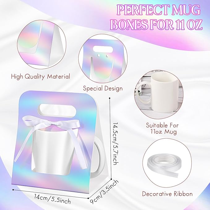 Motipuns 24 Pack Mug Boxes for Gifts 11 oz Coffee Mug Gift Boxes with 1 Roll Ribbon Sublimation Cups Packaging Bags for Sublimation Coffee Cups Blanks Wrapping(Laser Color)