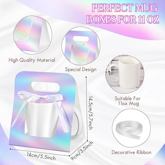Motipuns 24 Pack Mug Boxes for Gifts 11 oz Coffee Mug Gift Boxes with 1 Roll Ribbon Sublimation Cups Packaging Bags for Sublimation Coffee Cups Blanks Wrapping(Laser Color)