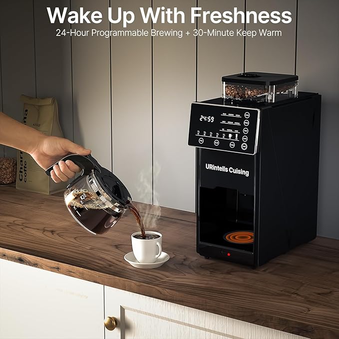 Coffee Maker with Grinder, 22OZ Drip Coffee Maker with Glass Carafe and Removable Filter, Programmable Hot and Cold Bean to Cup Coffee Machine with Timer, Auto Shut Off
