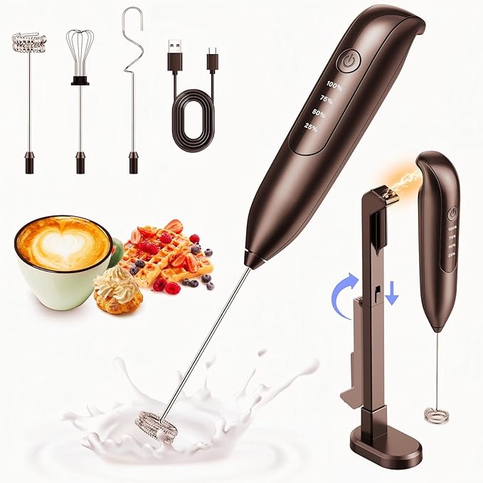 Electric Milk Frother Handheld: coffee frother rechargeable 3 in 1 - LED Display, Wireless Charging - 3 Speeds, Stainless Steel Whisk for Latte, Cappuccino - Jet Black