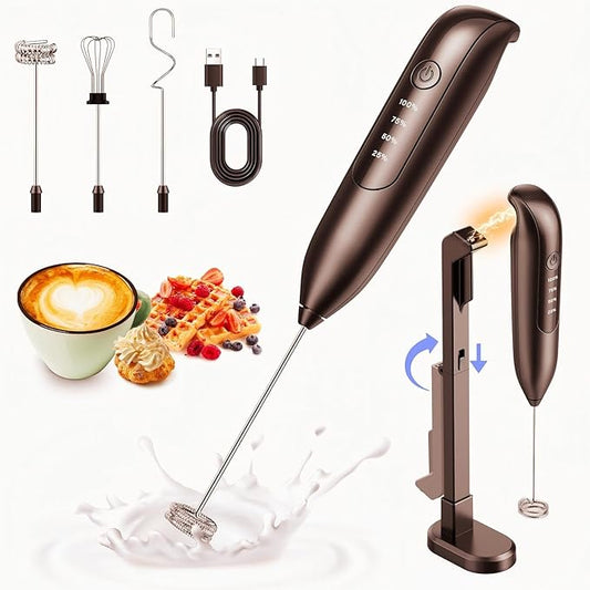 Electric Milk Frother Handheld: coffee frother rechargeable 3 in 1 - LED Display, Wireless Charging - 3 Speeds, Stainless Steel Whisk for Latte, Cappuccino - Jet Black